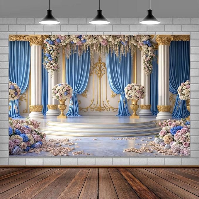 8X6ft Luxurious Blue and White Floral Backdrop for Photography Castle Palace Wedding Party Decortion Elegant Flowers Backdrop Wedding Birthday Party Decorations Bridal Shower Backdrops Studio Props - Image 2