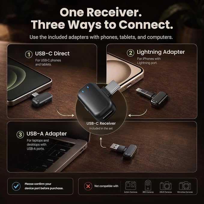 Mini Wireless Lavalier Microphone for iPhone Android Camera, Dual Channel Wireless Microphones with AI Noise Cancellation, 328ft Range, 36H Battery Case, Type-C, Lightning & USB Plug & Play - Image 5
