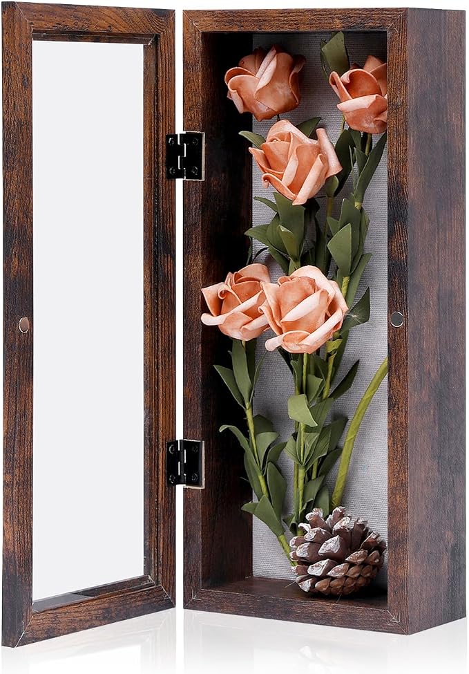 Muzilife 12.5x5 Shadow Box Picture Frame, 2.16 Deep, HD Glass, Honey Brown | FSC-Wood, Magnetic Door, Linen Interior & Pins, Vertical, Horizontal Wall Hanging, Display Case Frame for Photos & Keepsakes by Muzilife