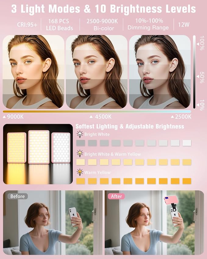 168 LED Selfie Light for iPhone, Phone Light, 3000mah Rechargeable Picture Light Clip Portable Lights for Phone, Camera, Laptop, iPad, 3 Lights Modes for Makeup, Video Conference, TikTok, Vlog (Pink) - Image 3