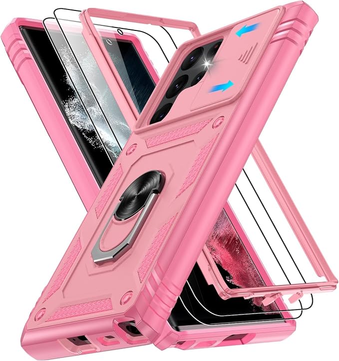 Gritup for Galaxy S22 Ultra Case Military-Grade Shockproof with Kickstand | with 2 PCS Screen Protector, Slide Camera Cover, Heavy Duty Outdoor Protection Funda para Samsung S22 Ultra Cover, Pink by Gritup