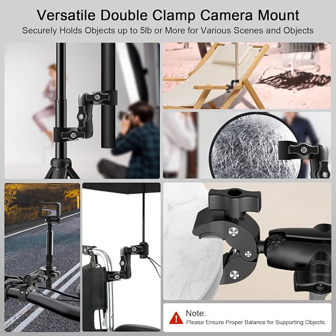 Double Clamp Camera Mount - Universal Bracket for Golf Carts, Umbrella Clamp, Desktop, Strollers, Wagons, Photo Studio, and More, Magic Arm Double Ball Head Adapter - Image 2