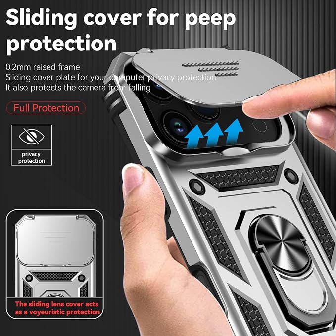 SunStory Phone Case for iPhone 17 Pro Case with HD Screen Protector & Slide Camera Cover & Rotated Ring Kickstand, [Military-Grade] Phone Case for iPhone 17 Pro, Silver - Image 3