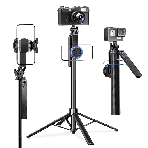 UBeesize 70'' Magnetic Selfie Stick Tripod for iPhone with Remote | 2-in-1 Phone Clamp, 1/4'' Screw Mount, Stable 4-Leg Tripod with Handle, MagSafe Phone Tripod for Camera, GoPro & Insta360 by UBeesize