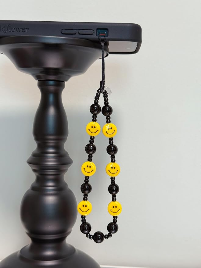 Drawwind Phone Charm Beaded Wristlet Strap Universal Cell Phone Lanyard Cute Bracelet Wrist Strap Beaded Chain String Handmade Accessories for Case Camera Bags (Yellow Smiles) - Image 4
