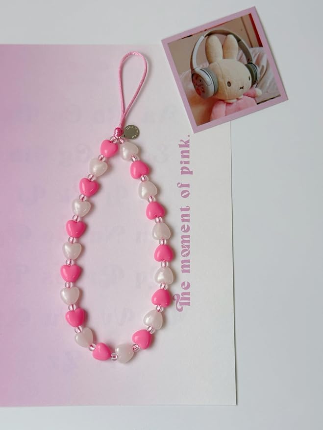Drawwind Phone Charm Strap Cute Wrist Straps Cell Phone Charm String Y2K Aesthetic Lanyard Wristlet Chain for Case Camera AirPods Bags Keychains (Pink Hearts) - Image 3