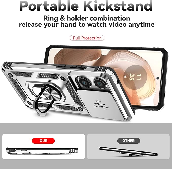 SunStory Compatible with Motorola Moto Edge 2025 Case with HD Screen Protector & Slide Camera Cover & Rotated Ring Kickstand, [Military-Grade] Phone Case for (Silver, Moto Edge 2025) - Image 2