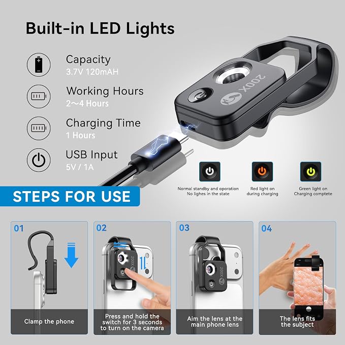 200X Phone Mini Pocket Microscope with CPL Filter, LED Light, Universal Clip, Nano Zoom Portable Digital Microscope Camera Attachments for 99% Smartphone - Image 8