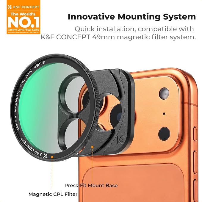 K&F CONCEPT Magnetic CPL Filter Set Compatible with iPhone 17 Pro & Pro Max | 49mm Phone Lens Filter Kit with Direct-Fit Camera Base, Case Compatible Circular Polariser for iPhone, FA302 - Image 2