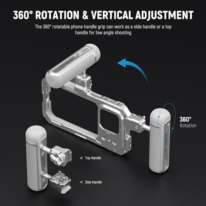 NEEWER Quick Release Side Handle with Anti Off Cold Shoe, 360° Rotation, Nonslip Grid, Compatible with iPhone 16 Pro 16 Pro Max S25 Ultra Phone Cage Accessories, Silver + Gray, PA045 - Image 4