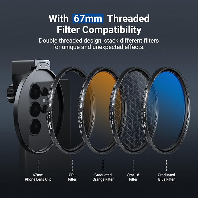 NEEWER 67mm ND Filter Kit with Cold Shoe Phone Filter Clip, 7 Pack 4X Graduated Color + Star + ND 32 + CPL Lens Filters, Compatible with iPhone 17 16 Android Samsung Galaxy S26 Ultra, FL-P15 - Image 8
