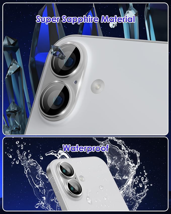 Compatible for iPhone 17 /iPhone 16 /iPhone 16 Plus Camera Lens Protector Metal Plus Aluminium Alloy Ring 9H Tempered Glass Screen Case Friendly Camera Cover Silver - Image 3