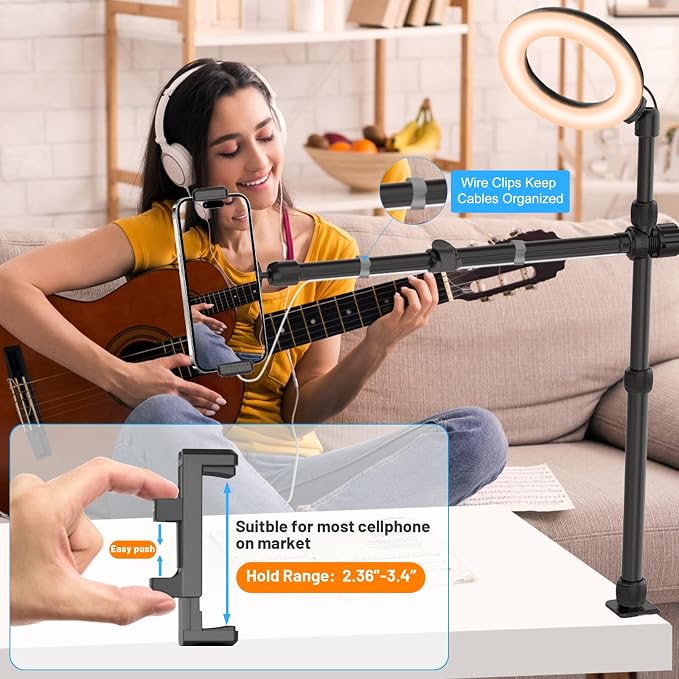 Ailight Camera Desk Mount Stand Overhead, Adjustable Microphone Boom Arm Mic Stand with Phone Holder, Camera Arm Clamp 5/8'' 3/8'' 1/4'' Screws for Shure, Blue Yeti, Rode, Elgato, Fifine, HyperX - Image 2
