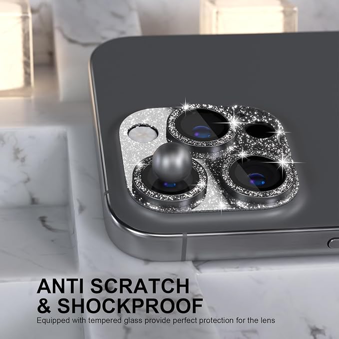 Choiche for iPhone 16 Pro/iPhone 16 Pro Max Camera Lens Protector | Bling Camera Cover with 9H Tempered Glass Lens Screen Protector Metal Ring Decoration Accessories (Glitter-Black) - Image 3