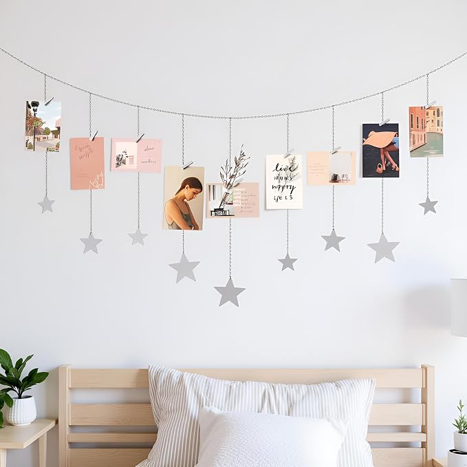 Mkono Hanging Photo Display, Boho Picture Wall Decor, 25 Wood Clips, Silver | Teen Girl Gift, Artworks Cards Holder, Wooden Stars, Metal Chains, Bedroom Living Room Dorm Office, Christmas Birthday - Image 4