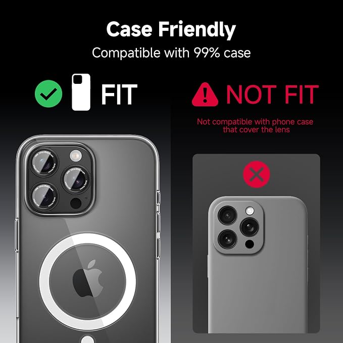 CACOE Metal Camera Lens Protector for iPhone 16Pro/16ProMax/14Pro/14ProMax | 9H Tempered Glass, Aluminum Frame, HD Clarity, Scratch-Resistant, Camera Screen Protector Cover Accessories, Black - Image 7
