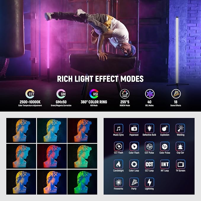 NEEWER RGB Tube Light, 30W LED Video Light RGBWW Full Color Stick Light Wand with 18 Scenes 7 Pixel Effects 2500-10000K CRI97/TLCI98 6000mAh, APP/2.4G/DMX Control for Photography Video Record, TL90C - Image 3