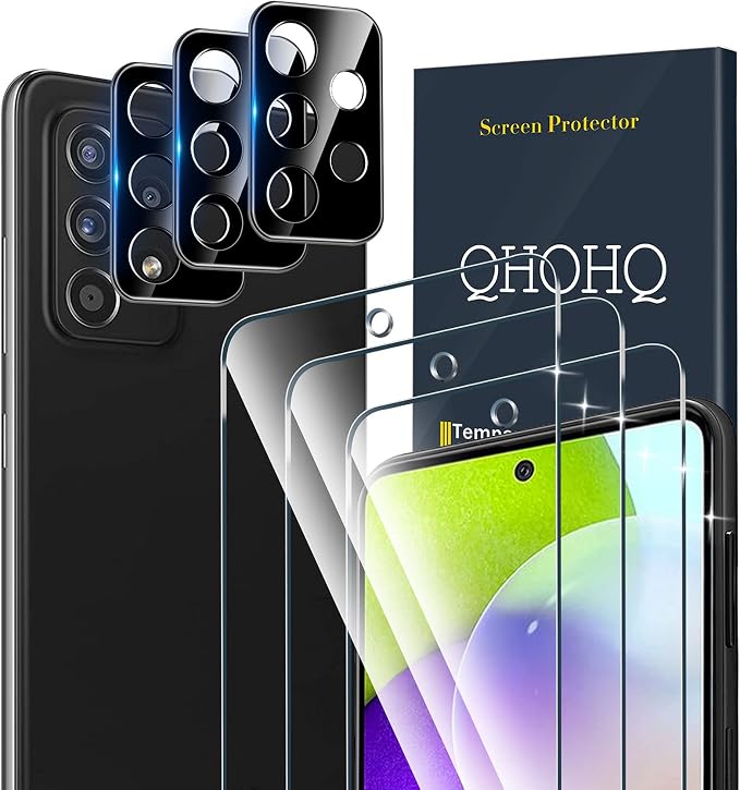 QHOHQ 3 Pack Screen Protector for Samsung Galaxy A52 4G/5G with 3 Packs Camera Lens Protector,Tempered Glass Film,9H Hardness - HD - Anti-Scratch - 2.5D Edge - Anti-Fingerprint - Easy Installation by QHOHQ