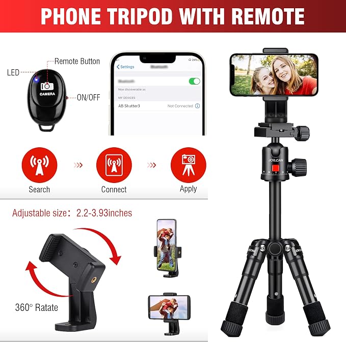 JOILCAN Aluminum Mini Tripod, 21" Desktop Tripod with 360° Ball Head | Portable Travel Tripods for DSLR Camera Phone, Load up to 13lb, Phone Holder and Remote Included - Image 5