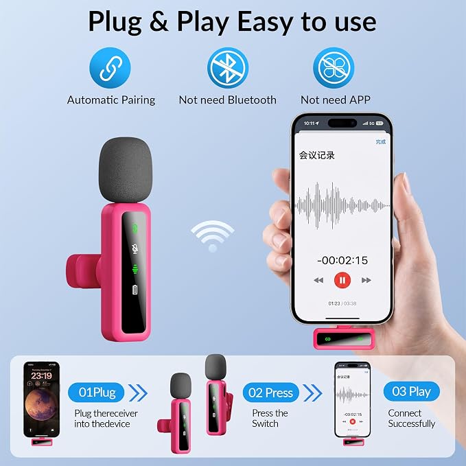 Wireless Lavalier Microphone for iPhone - iPad, Android Phone Computer, Mini Microphone for Live Streaming, Video Recording, Outdoor or Indoor Interviews, YouTube, TikTok, Vlog (Rose red) - Image 2