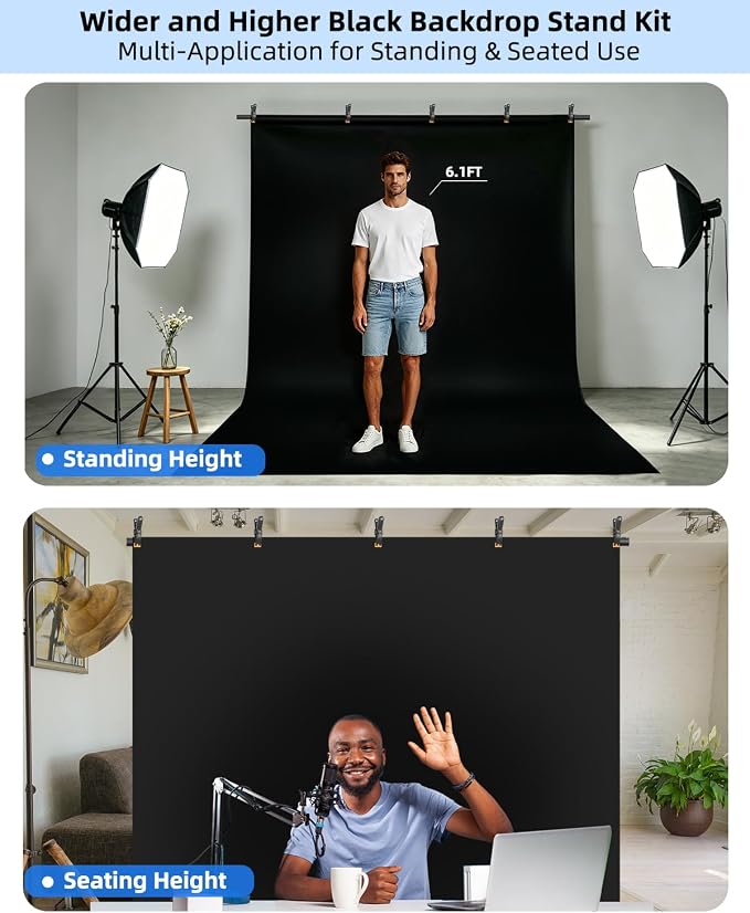 Hemmotop Black Backdrop with Stand, 8x7.5ft Photography Background Kit | Sturdy Threaded Connection Stand, Draped Polyester Fabric, Perfect for Wedding Birthday Graduation Party Banquet Decorations - Image 2