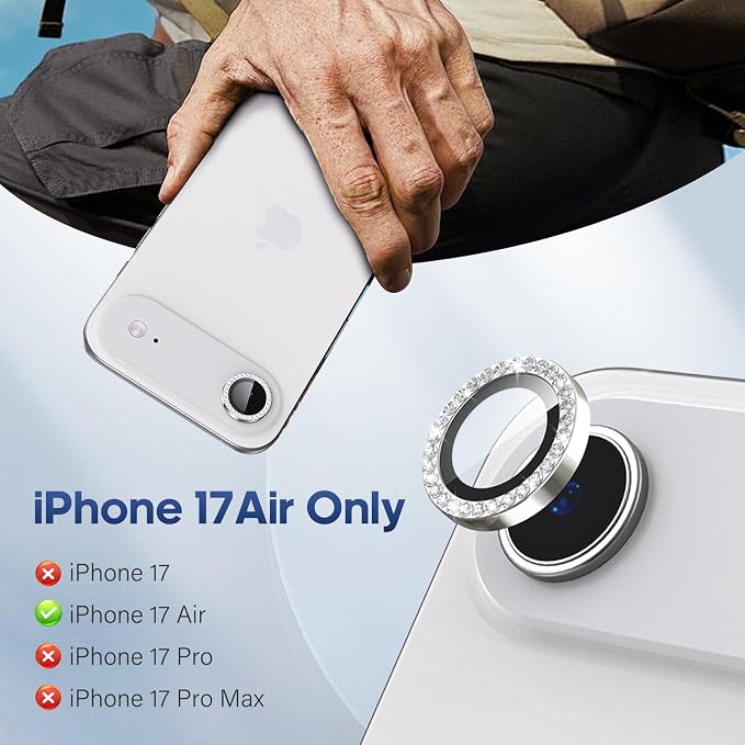 for iPhone 17 Air Camera Lens Protector Cover Bling Diamond, Silver | Individual Metal, 9H Hardness, Scratch Resistant, Shockproof, Drop Protection, Case Friendly, Stylish Accessories - Image 2