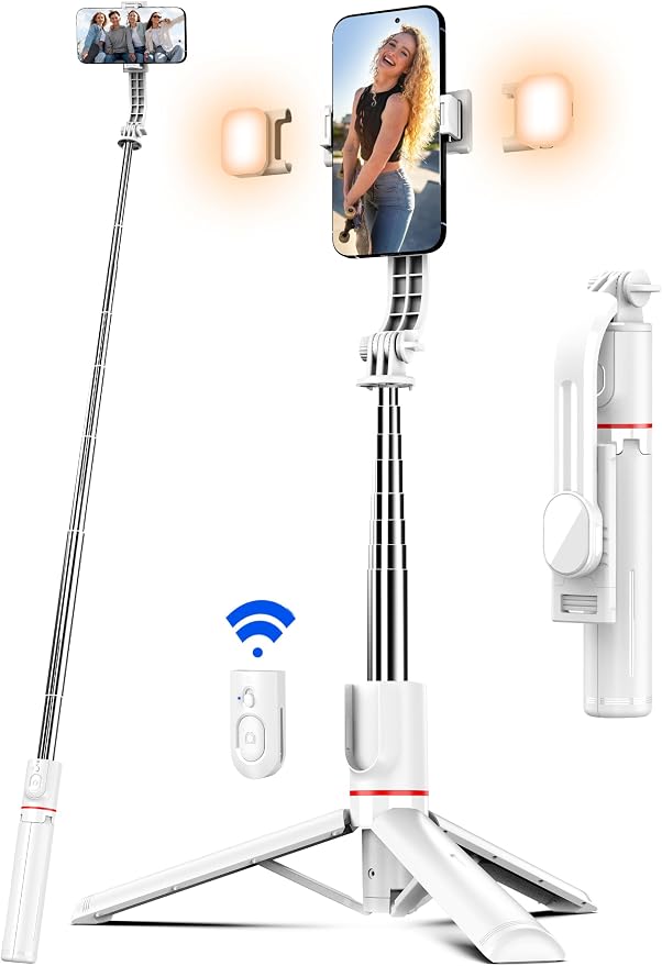 Selfie Stick Tripod with 2 Light, 45" Selfie Sticks with Wireless Remote, Portable Phone Tripod Compatible with 4''-7'' iPhone/Android Samsung Smartphones Selfie Stick for Travel Video Record Vlog by SelfieShow