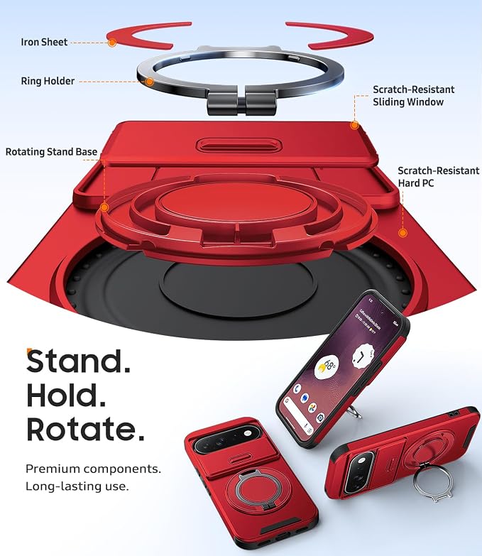 JAME for Google Pixel 10 Pro XL/11 Pro XL Case, Stand & Slide Camera Cover | Ring Holder Kickstand, Screen Protectors, Dual-Layer Shockproof Protective, Magnetic Accessory Friendly Phone Case, Red - Image 7
