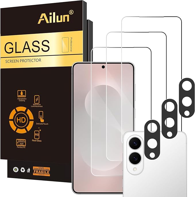 Ailun Screen Protector+Camera Lens Protector for Galaxy S25 Edge, 3+3 Pack | 6.7 inch, Tempered Glass, Fingerprint Unlock Compatible, 0.25mm, Anti-Scratch, Case Friendly, Clear, HD by Ailun