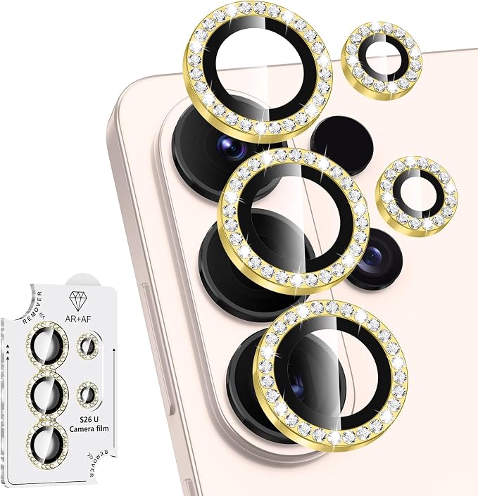 for Samsung Galaxy S26 Ultra Camera Lens Protector, Individual Metal Ring Tempered Glass Lens Cover, [Strong Adsorption] Scratch Resistant Ultra-Thin HD Clear Lens Cover, 1 Set-Gold Diamond by Btscase