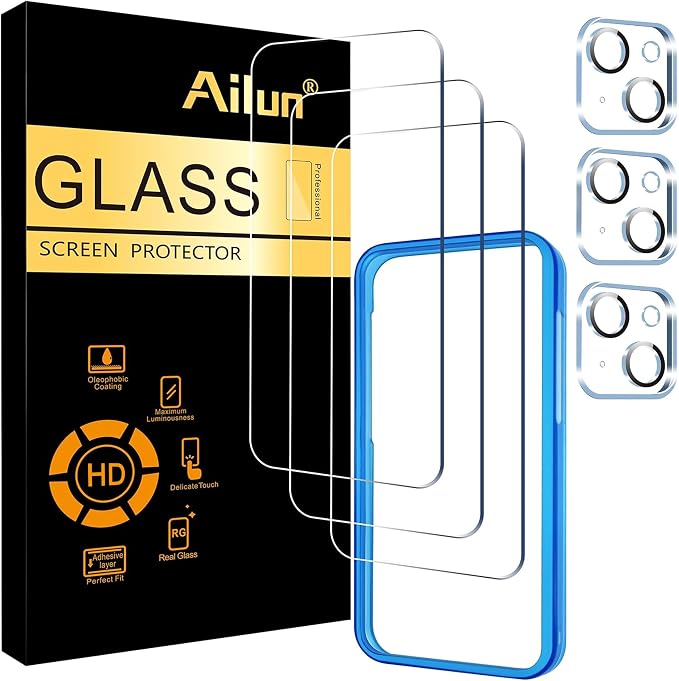 Ailun Screen Protector + Camera Lens Protector for iPhone 15 Plus, 3+3 Pack | 6.7 Inch, Installation Frame, Tempered Glass Film, Case Friendly by Ailun