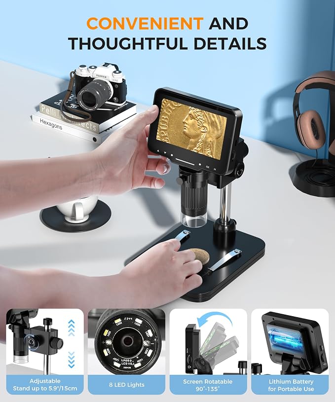 PalliPartners Digital Microscope for Coins with Light HD Screen | 4.3 Inch 1080P HD Screen, 10MP Camera, 1-1000X Zoom. Wireless USB Digital Microscope with Video Recorder for Inspection - Image 3