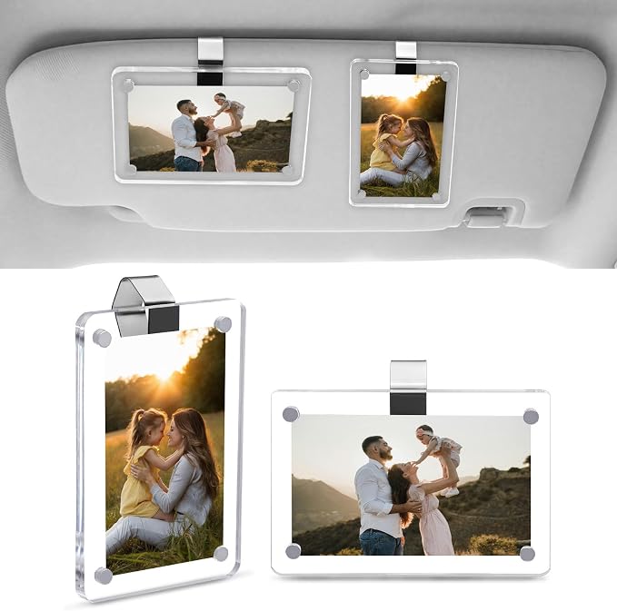 PIFOOG 2Pcs Gifts for Mom Car Visor Clip Photo Frame, Acrylic Picture Holder Magnetic Personalized Display Vertical Horizontal Memorial Wallet Size 3.2 × 4.7 inch by PIFOOG