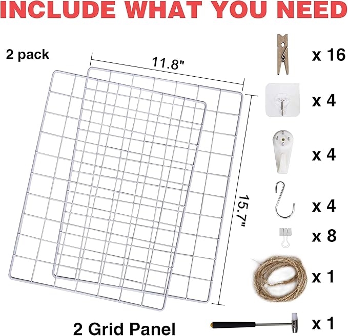 C&AHOME Photo Wall Display Set of 2, Wall Grid Panel, 15.7" x 11.8", White | Photo Display Shelves, Wall Storagae Organizer, Hooks, Clips, Hemp Cord, Hammer - Image 2