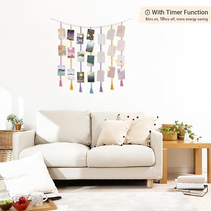 Mkono Hanging Photo Display, Boho Macrame Wall Decor with Lights, Multi | 45 Clips, String Lights, Teen Girl Stuff Gifts, Wooden Beads Banner, Pictures Postcards Holder, Bedroom Living Room Dorm - Image 3