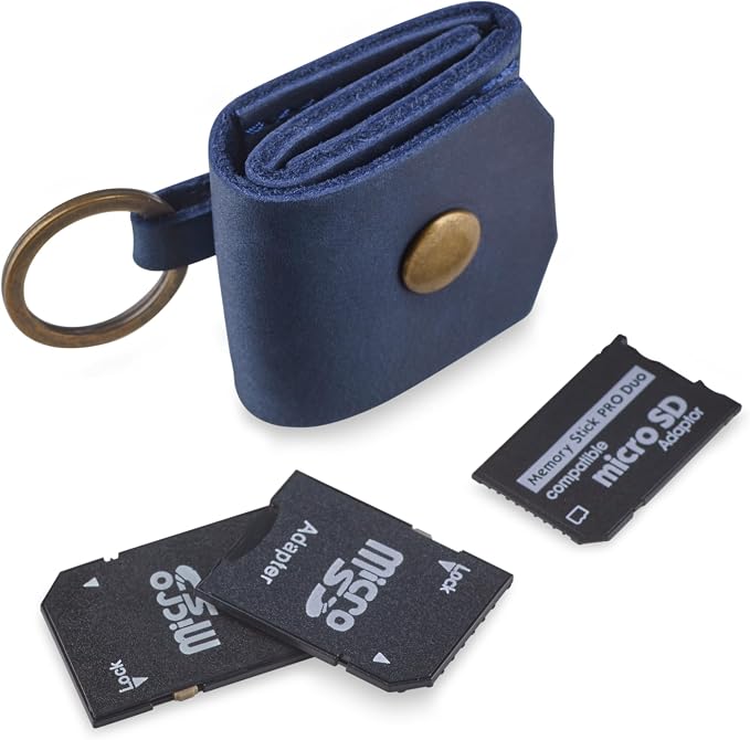 Leather SD Card Holder Keychain, SD Card Case Key Fob, Micro SD Card Holder Organizer, SD Card Storage Case, Memory Card Case Cover, Travel Memory Card Case (Blue) - Image 3
