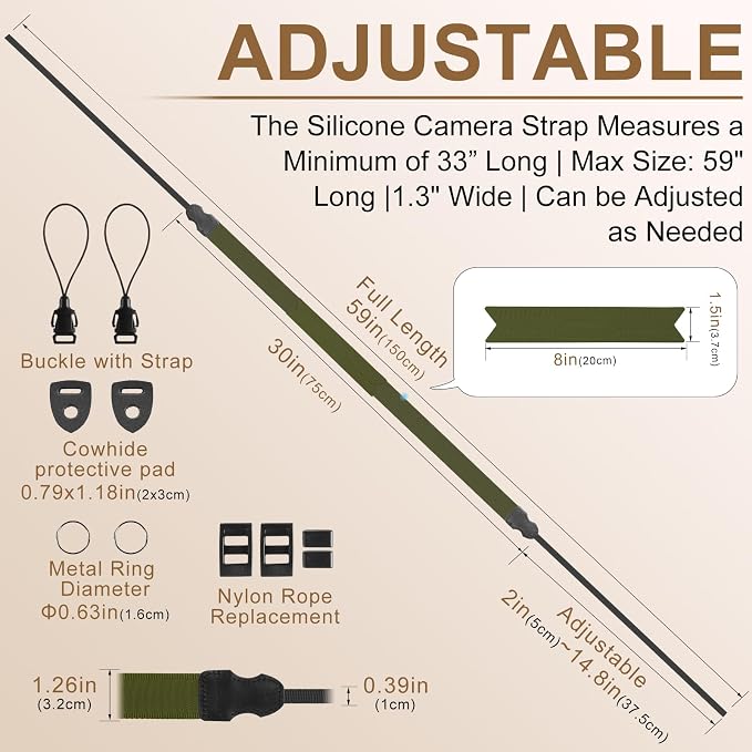 FIEIL Neck Strap Silicone Camera Straps - Padded Camera Strap, 1.5" Wide Adjustable Nylon Shoulder Strap - Compatible with Canon, Nikon, Sony, and More DSLR and Mirrorless (Army Green) - Image 4