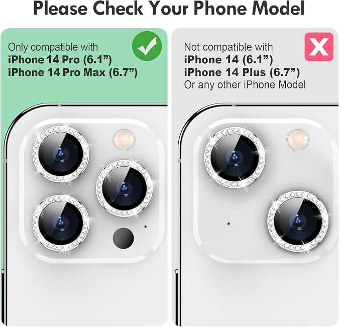 for iPhone 14 Pro/14 Pro Max Camera Lens Protector Diamond, Silver | Individual Metal, 9H Hardness, Scratch Resistant, Shockproof, Drop Protection, Case Friendly, Stylish Accessories - Image 2
