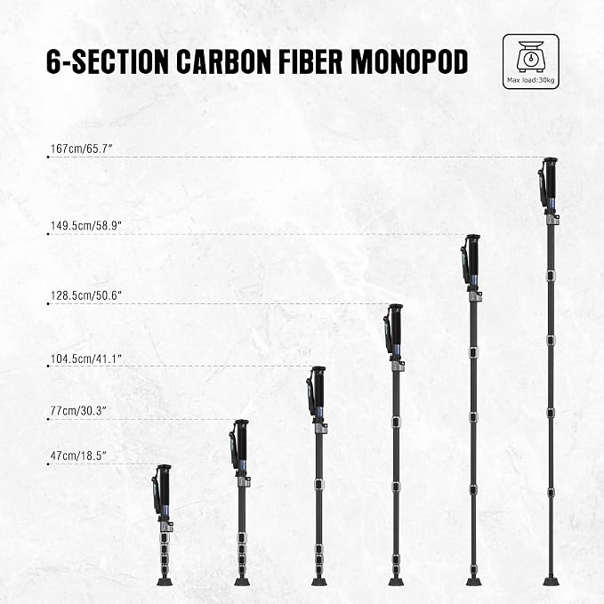 LEOFOTO Carbon Fiber Camera Monopod, Lightweight Travel Monopod with Quick Lock System for DSLR, DV, Video Camcorder, Phone Holder, Weight 0.6kg/1.32lb, Maximum Load 30kg/66lb - Image 6