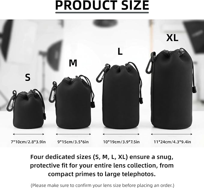 Camera Lens Bag, 4 Pack Protective Neoprene Lens Pouch with Drawstring & Carabiner, Lens Case for DSLR Camera Lens(S/M/L/XL) (M 4pcs) - Image 6