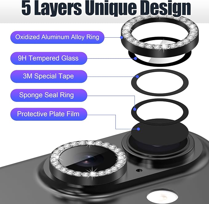 AGVEE 3+3 6 Pack for iPhone 17 Camera Lens Protector Cover | Individual Bling Diamond & Bling Glitter Sparkle Cute Gem Metal Ring, 9H Tempered HD Glass - Image 7