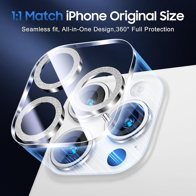 UniqueMe for iPhone 16 Pro/16 Pro Max Camera Lens Protector-Glitter Silver | 3 Pack-Drop Protection, Case Friendly, 9H Tempered Glass, Camera Cover Screen, Update New Version - Image 5