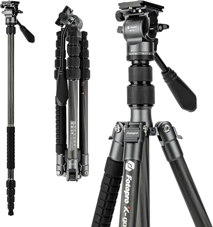 Fotopro 59" Carbon Fiber Travel Tripod, Compact Video Tripods with Fluid Head, Detachable Monopod with Quick Release Plate and Bag, Camera Tripod Load up to 8KG/17.63lbs by Fotopro