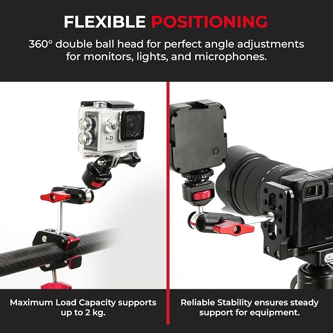 REFLEX CAMERA Super Clamp & Magic Arm Mount with Double Ball Head – 2kg Load Capacity, 1/4” & 3/8” Screw, Adjustable for Monitors, LED Lights, Mics, Smartphone, Gopro - Flexible & Durable - Image 3