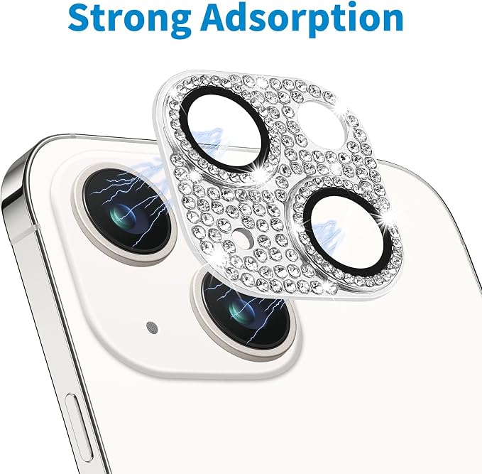 for iPhone 14 & iPhone 114 Plus Camera Lens Protector, Bling 3D Rhinestone Sparkle Diamond 9H Tempered Glass Camera Cover Anti Scratch Shockproof Metal Lens Screen Full Protective Cover, Silver - Image 4