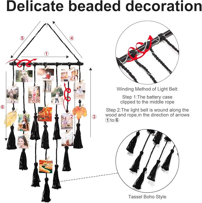 Homecor Hanging Photo Display Wall Decor, Black Macrame Hanging Boho Room Decor, Picture Frame Collage with Remote Light 30 Clips, Bedroom Apartment Home Decor, Christmas Mom Grandma Teen Girl Gifts - Image 4