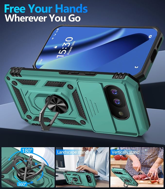 Taisairu for Google Pixel 10A Case with Screen Protector & Slide Camera Lens Cover,Built-in 360°Rotate Magnetic Ring Stand Shockproof Protective Phone Case for Google Pixel 10A Case (Green) - Image 3