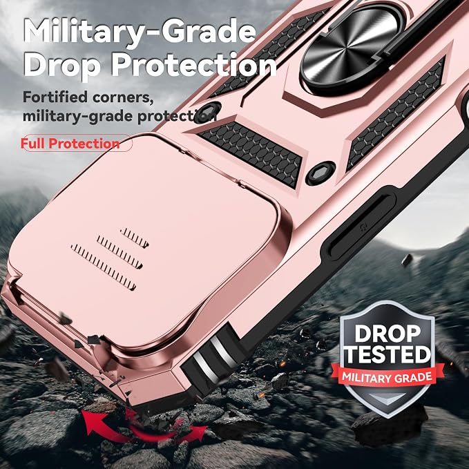 SunStory Phone Case for iPhone 17 Pro Case with HD Screen Protector & Slide Camera Cover & Rotated Ring Kickstand, [Military-Grade] Phone Case for iPhone 17 Pro, Rose Gold - Image 6