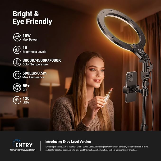 NEEWER ENTRY LEVEL VERSION 10.5" 10W Ring Light with 66" Tripod Stand, Overhead Phone Holder Mount Compatible with iPhone, Bi Color CRI85+ LED Selfie Lighting for TikTok Video Recording Streaming, N43 - Image 2