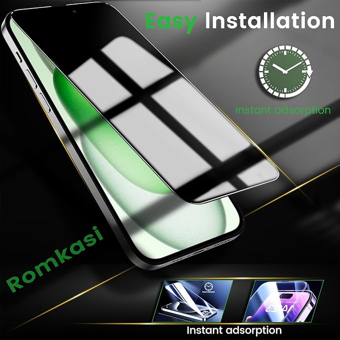 Romkasi 4 Pack Privacy Screen Protector for iPhone 15 6.1 Inch with 4 Pack Camera Lens Protector, Anti Spy Tempered Glass Film, Anti-Scratch, Touch Sensitive, Case Friendly - Image 6